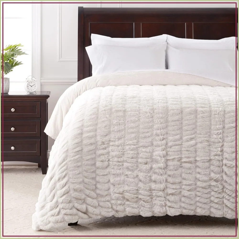Chanasya Premium Ruched Faux Fur Throw Blanket Soft Reversible Mink 92x85 Queen Cloud