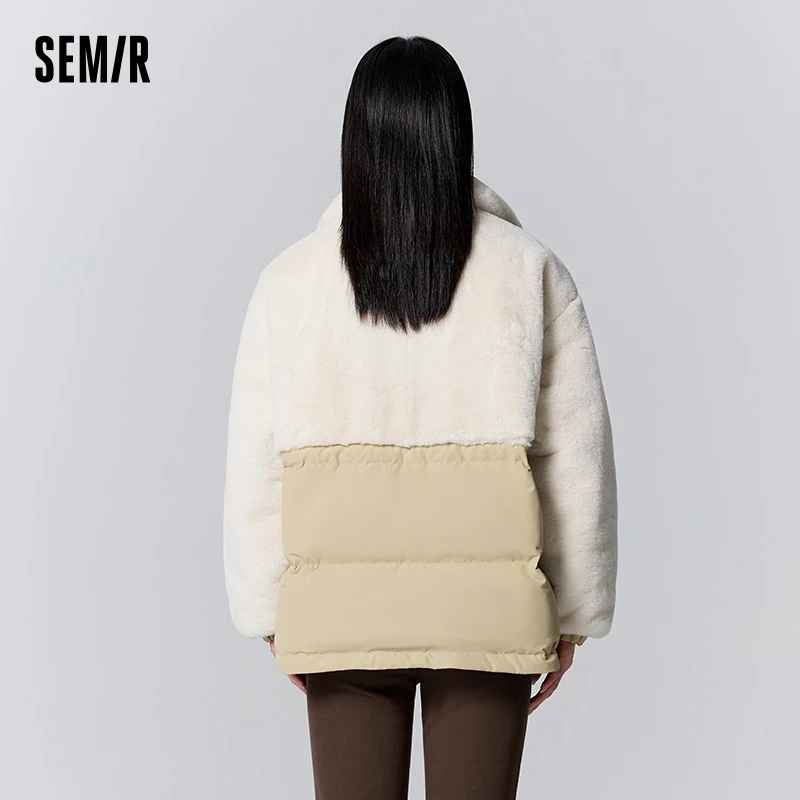 Semir Down Jacket Women Mid-Length Loose Spliced Imitation Rabbit Fur 2023 New Winter Stand-Up Collar Waist Thin Jacket