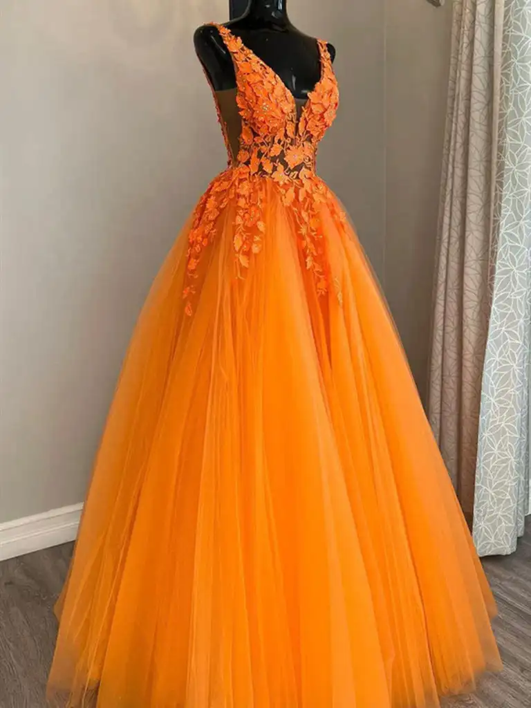 Orange Prom Dress Lace Applique Long Illusion Crystal Deep V Neck Sleeveless Backless Evening Gown Long Floor Length Custom