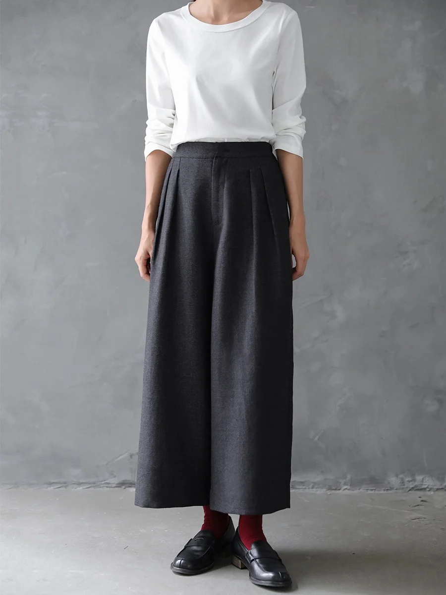 

Широкие брюки ZBWY из шерстяной льняной смесовой ткани премиум-класса с двойными складками, повседневные, для женщин, с завышенной талией