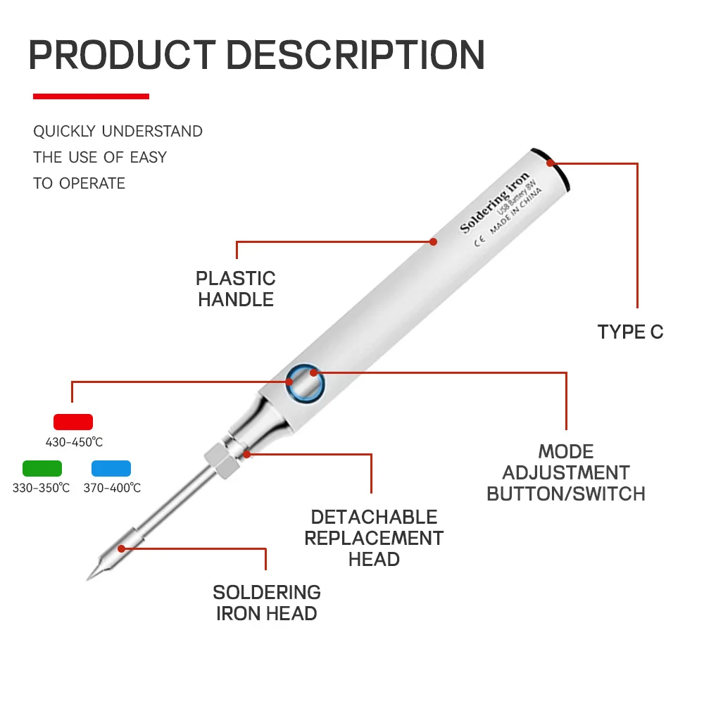 Stylo de fer à souder électrique sans fil, charge USB 5V, fil rette, Eva, réglage de la température, équipement de soudage