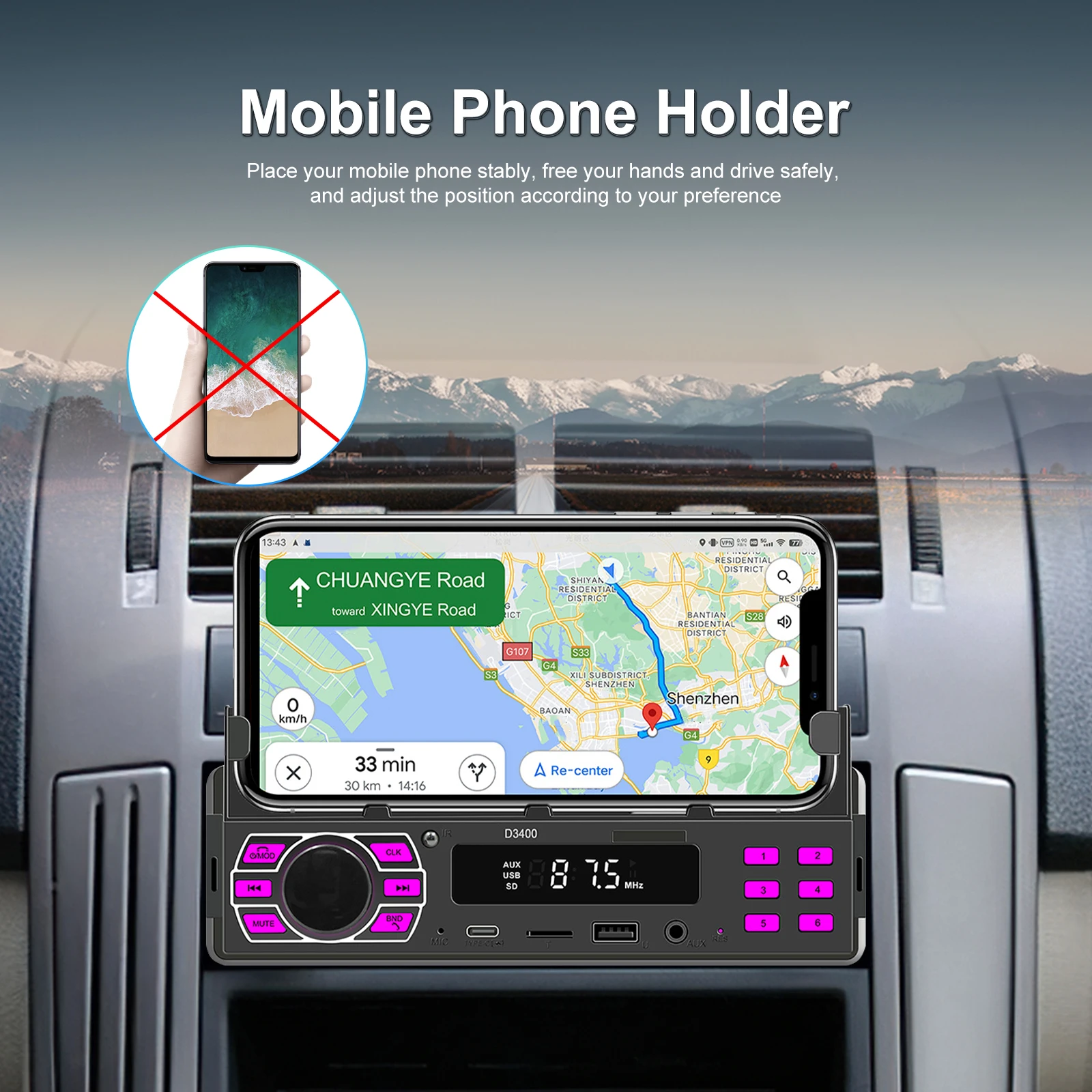 Podofo 1Din مشغل MP3 بلوتوث العالمي راديو السيارة مشغل وسائط متعددة U القرص/AUX In/TF بطاقة صوت السيارة مع حامل هاتف المحمول