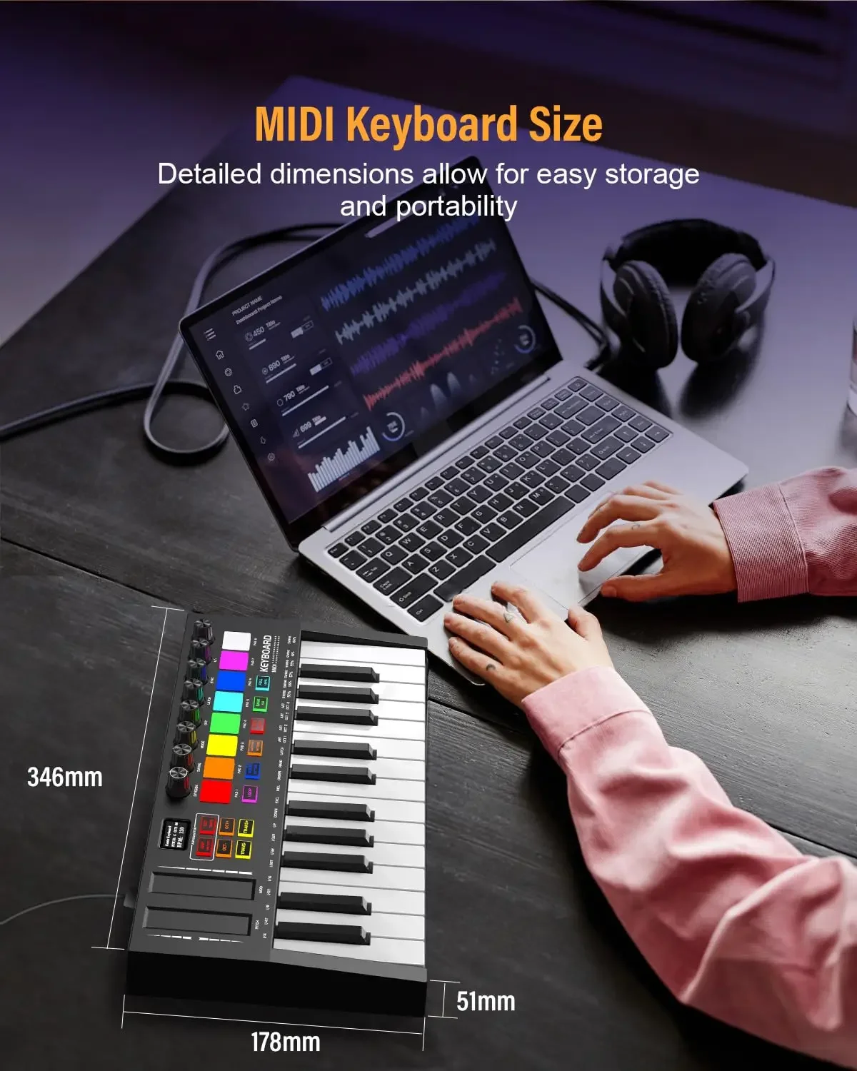 Mini Portable MIDI Control Keyboard, USB, Sequencer Keyboard, Backlit Drum Pads, 8 Knobs, OLED, 25-Key Controller