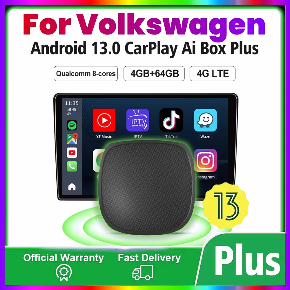 Android 13 CarPlay Ai Box 4+64G GPS 4GLTE For YouTube Netflix For Volkswagen Tiguan Jetta ID.4 ID.5 ID.6 Golf Atlas Taos Arteon