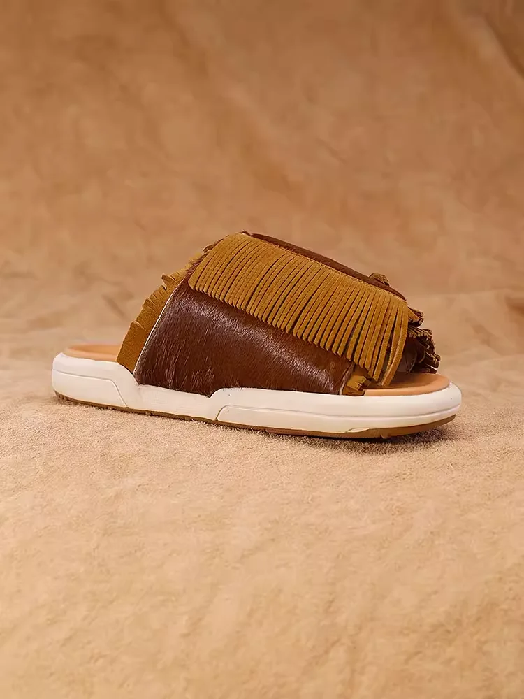 VISVIM sandal elastis bisa disesuaikan, sandal bulu kuda warna coklat dengan rumbai dalam untuk musim panas