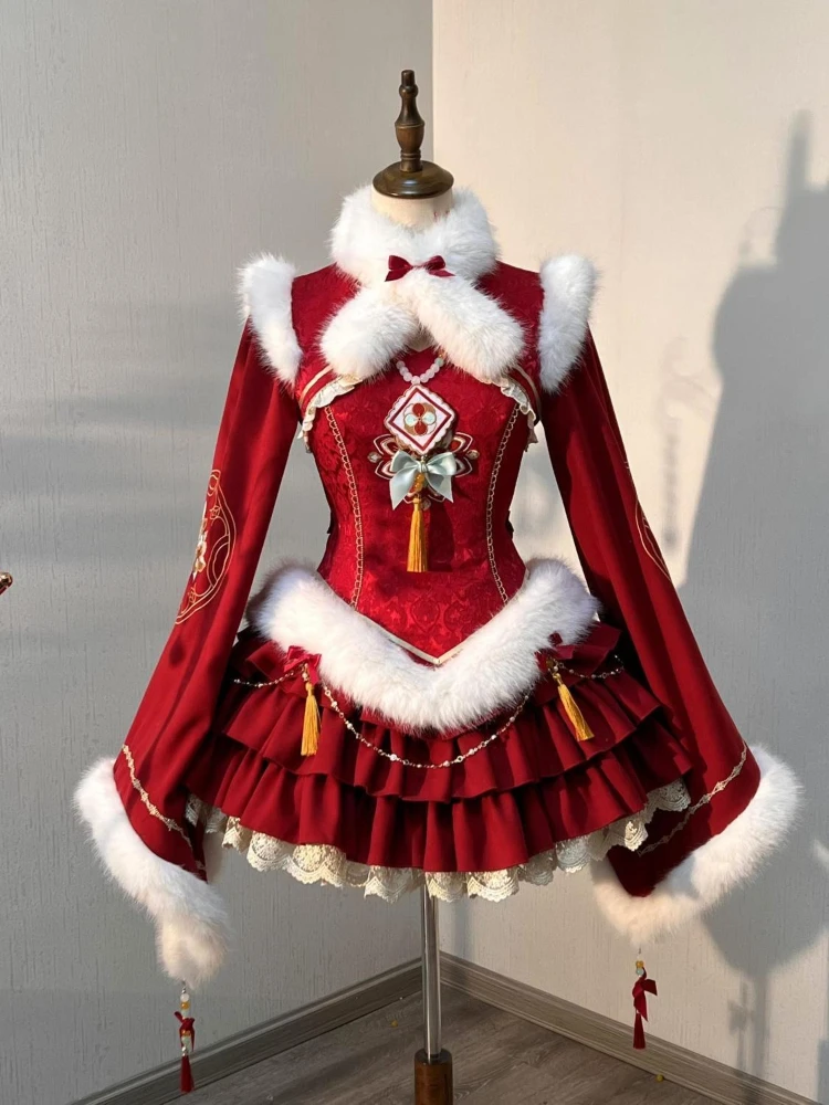 

Женское теплое платье Y2k из искусственного меха, женское шикарное корейское популярное платье, зима 2024, Рождество, Новый год, милое платье в стиле Лолиты