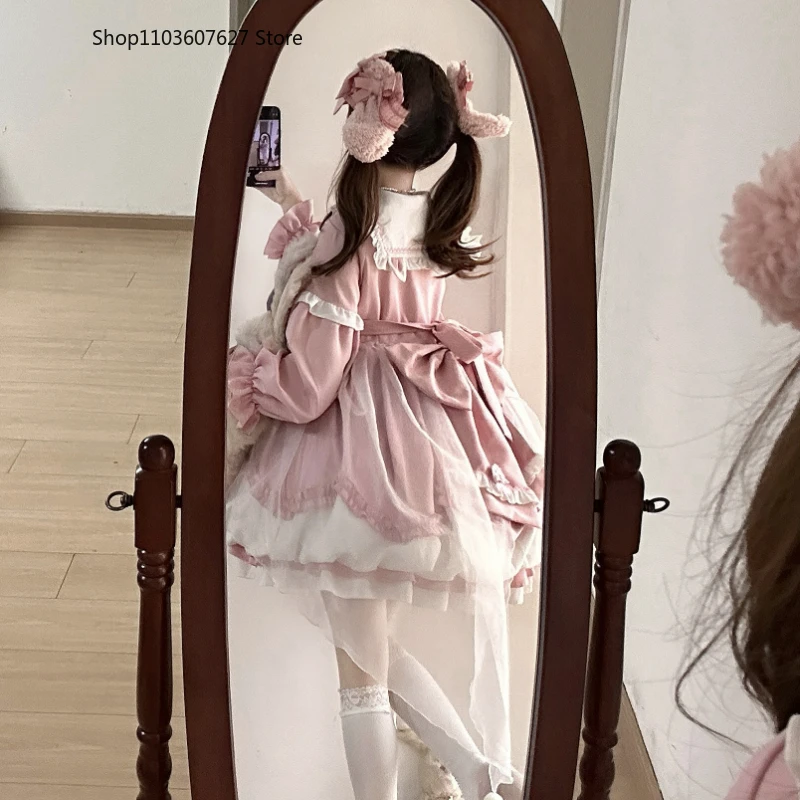 Giapponese Kawaii Lolita Style Dress donna Sweet Star Bow Sailor Collar maniche lunghe abiti da principessa Cute Ruffles Mesh Mini Dress