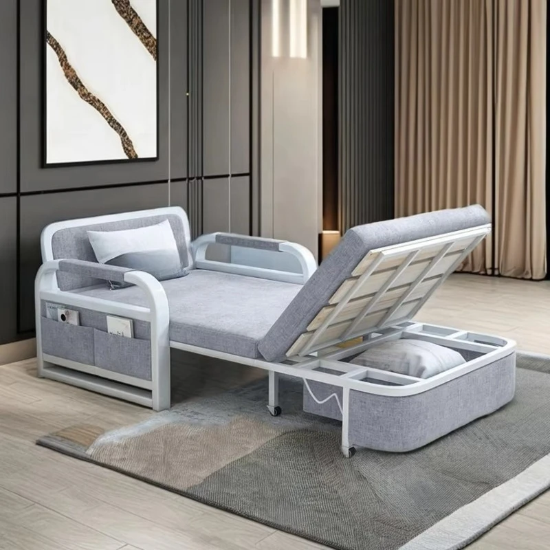 Small household multi-functional folding sofa bed dual-purpose telescopic wooden frame single bed