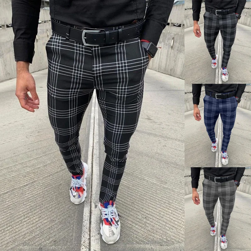 

Autumn 2022 New Men's Large Plaid Stripe Casual Pants Fashion Leggings Mens Dress Pants Pantalon De Vestir Hombre Formal