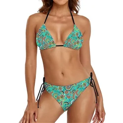 Niebieski Paisley strój kąpielowy bikini Push Up Retro kwiatowy zestaw bikini do surfingu stylowe stroje kąpielowe kobiety seksowny stringi niestandardowy strój kąpielowy