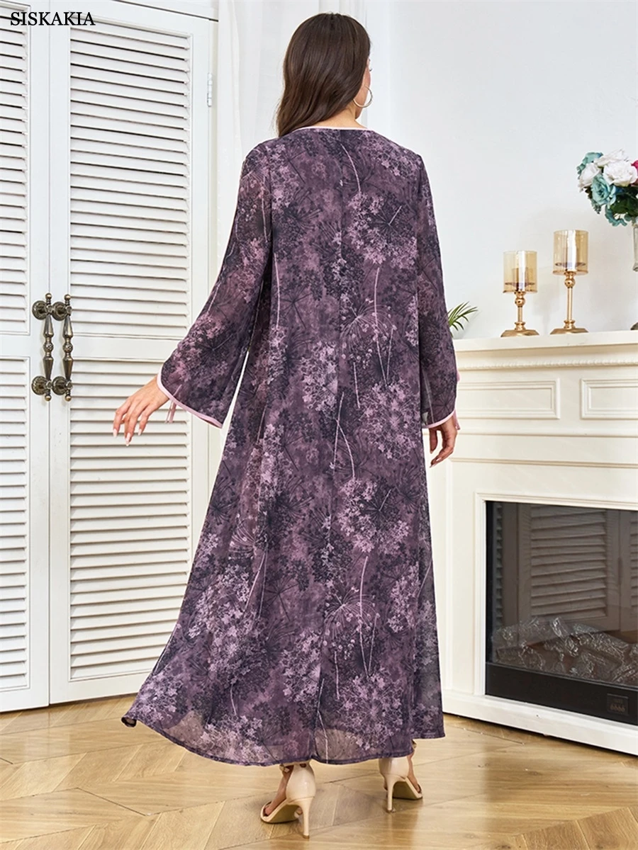 Siskakia Muslim Casual Loose Floral Print Abaya Dubai Woman Bow Long Sleeve Dress Fashion Round Neck Kaftan