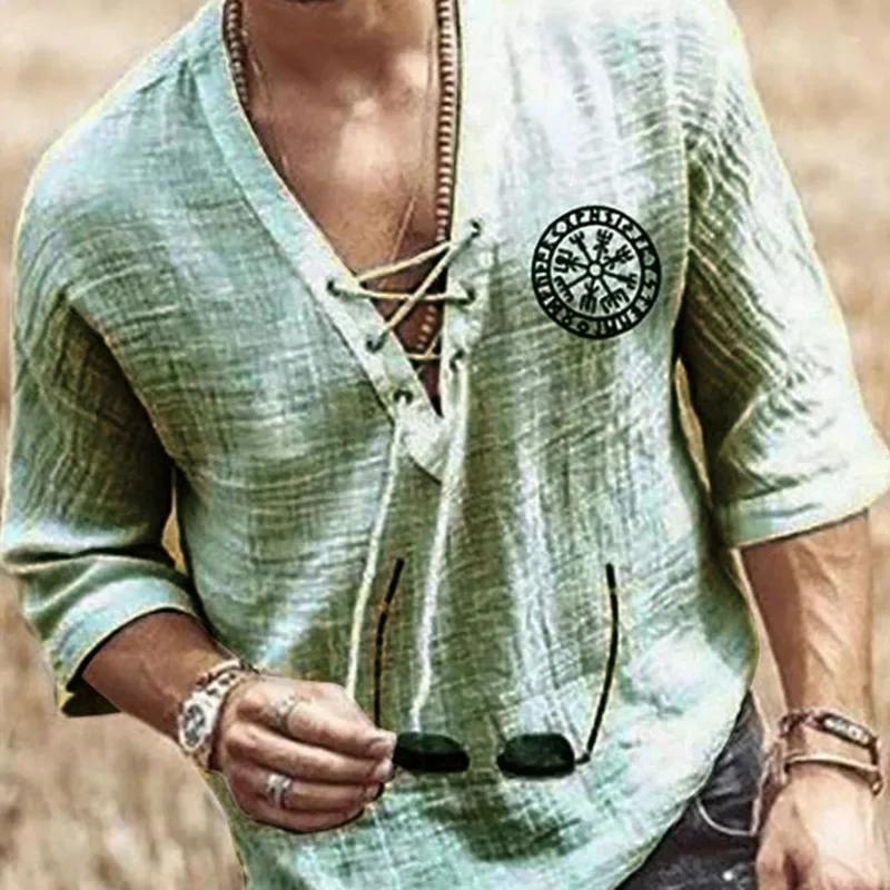 2021 Men's Hollow Out Linen Oversized T shirt Deep V Neck Bandage Summer Casual Solid Color Tops