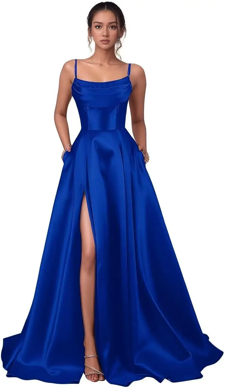 فساتين لحضور الحفلات الموسيقية من الساتان مع شق 2026 أشرطة سباغيتي ورقبة على شكل V مع جيب ثوب مسائي طويل للنساء فساتين لحضور الحفلات الموسيقية الرسمية