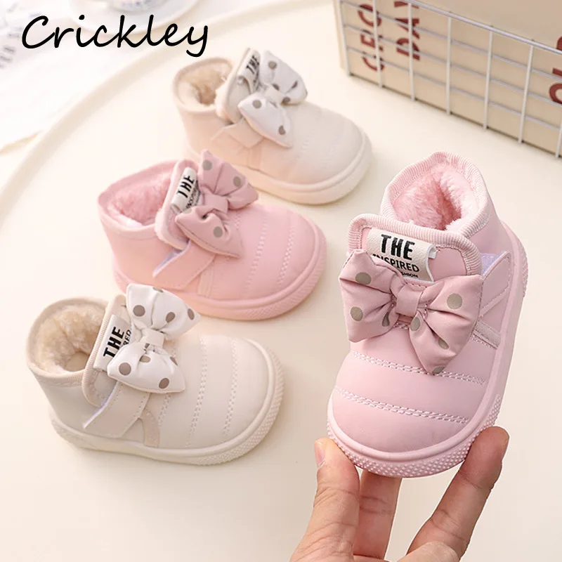 

Winter Bow Baby Girls Snow Boots PU Leather Hook Loop Soft Ankle Shoes For Kids Plush Warm Non Slip Toddler Children Boots