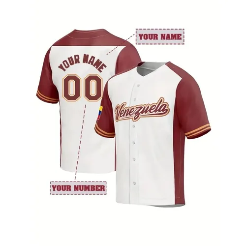 Imagen 1 del producto Camiseta de béisbol Venezuela personalizable, camisetas de entrenamiento de manga corta cómodas con bordado de nombres y números personalizados únicos