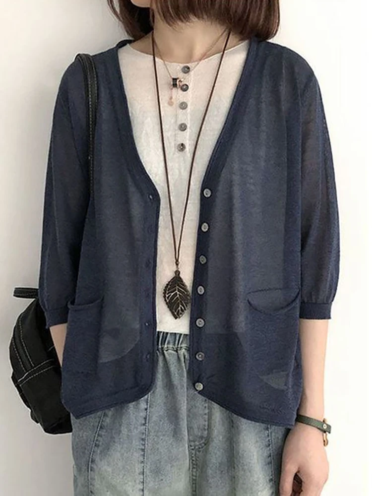 High quality linen thin knit sweater, summer high-end ice silk sun protection shirt, three quarter sleeve artistic top