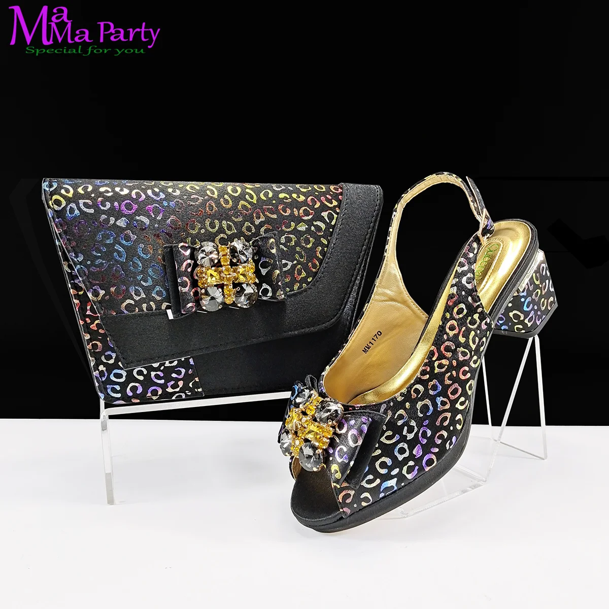 

Weeding Party New Design Italian Ladies Shoes Matching Bag in Black Color Comfortable Heels with Shinning Crystal