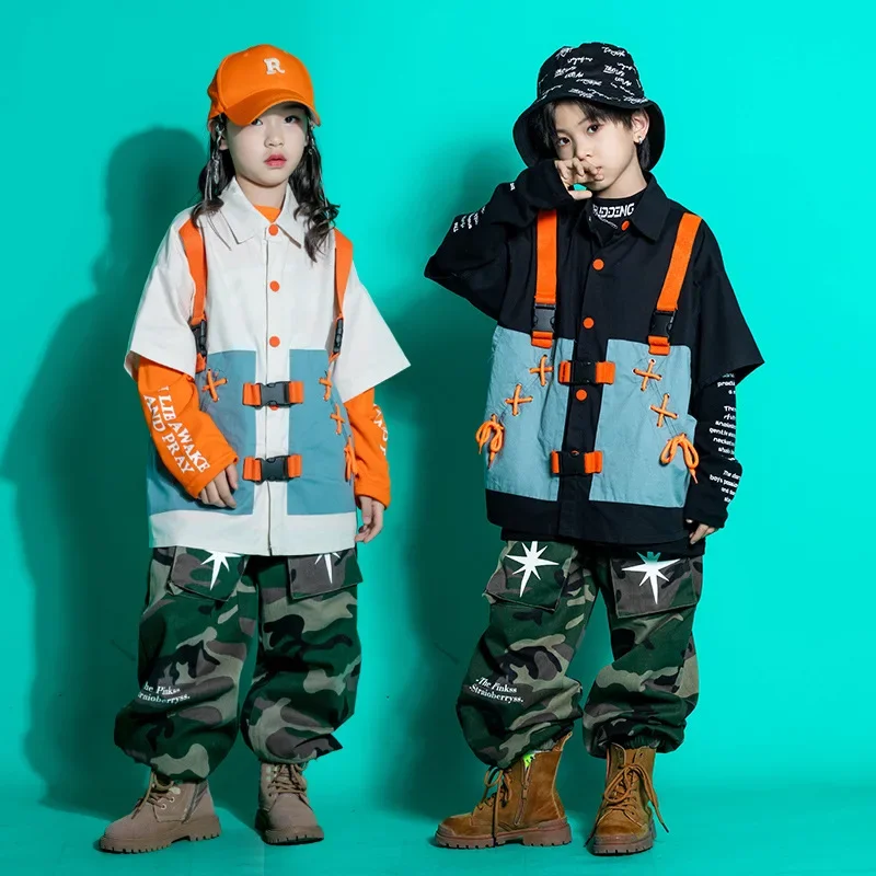 

Комплекты в стиле хип-хоп для мальчиков, контрастная куртка, камуфляжные штаны-карго, уличная одежда для девочек, жилет, детская рубашка для уличных танцев, детская одежда для бега