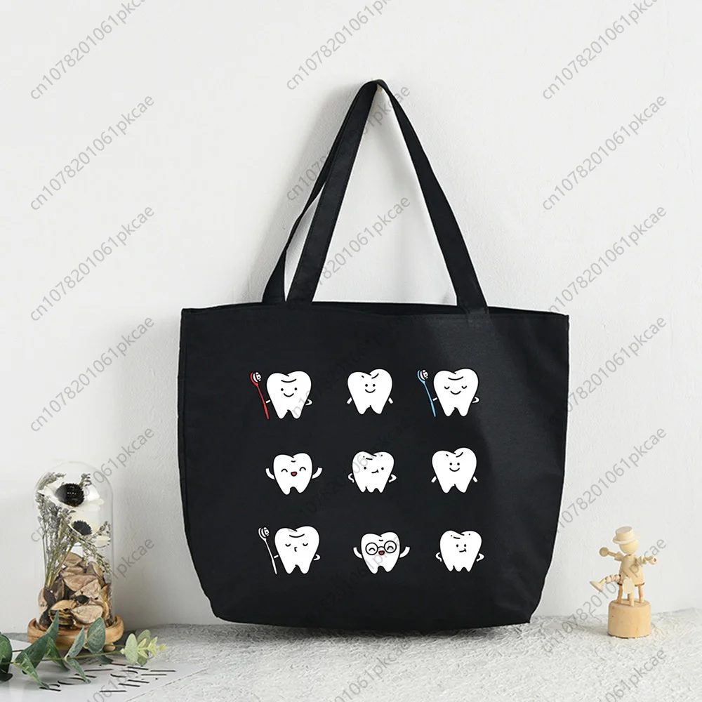 Aesthetic Funny Tooth Dentist Kawaii Shopping Bag Women Canvas Tote Bags Printing Eco Bag Cartoon Shopper Shoulder Bags