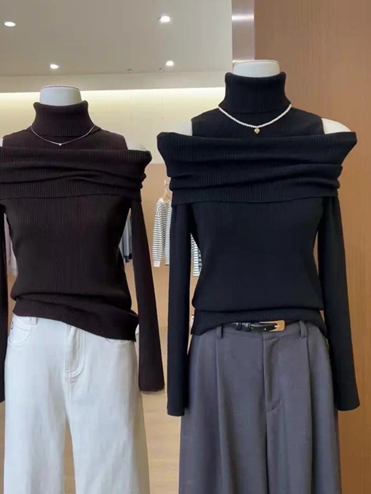 

Sexy Hollow out High Ne Knitted Base irt Women's Slim Fit oulder Bared Sweater Autumn Season Warmth Heating Regular Sve