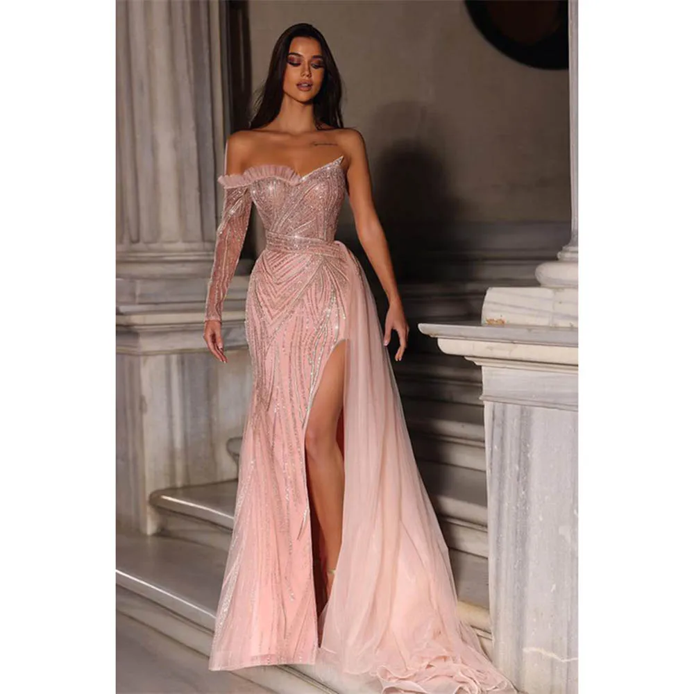 Exquisite Pink Evening Party Dresses Sweetheart One Shoulder Sleeve Floor Length A-Line Shiny Sequin Smart Women Prom Gowns