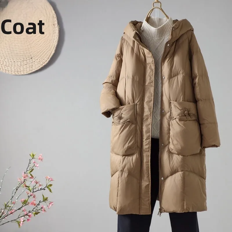 

White Du down Puffer Jaet Winter New Sle Retro Buttoned Hooded Women's Mid-Length Loose Warm Thiened Slimming Hooded