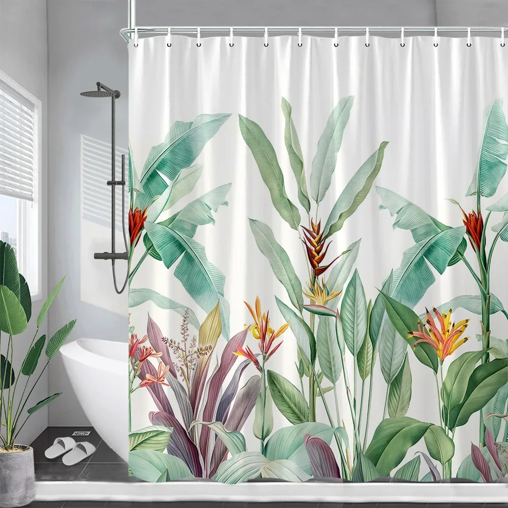 Tropical Plant Shower Curtains Palm Leaf Pink Flowers Hummingbirds Green Leaves Bath Curtain Fabric Bathroom Decor with Hooks