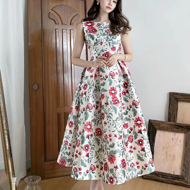 Vestido de verano de estilo Retro francés con estampado Floral, cuello redondo, cintura delgada, largo medio, gran Swing, línea A, 2024