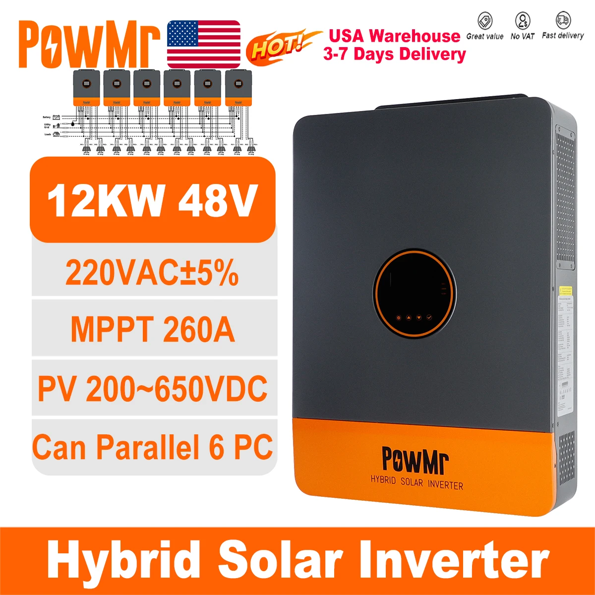 

PowMr 12KW 48V Hybrid Solar Inverters 220V 380V Output Dual MPPT 260A PV 800V Support Single & Three-Phase Time-Solting Function