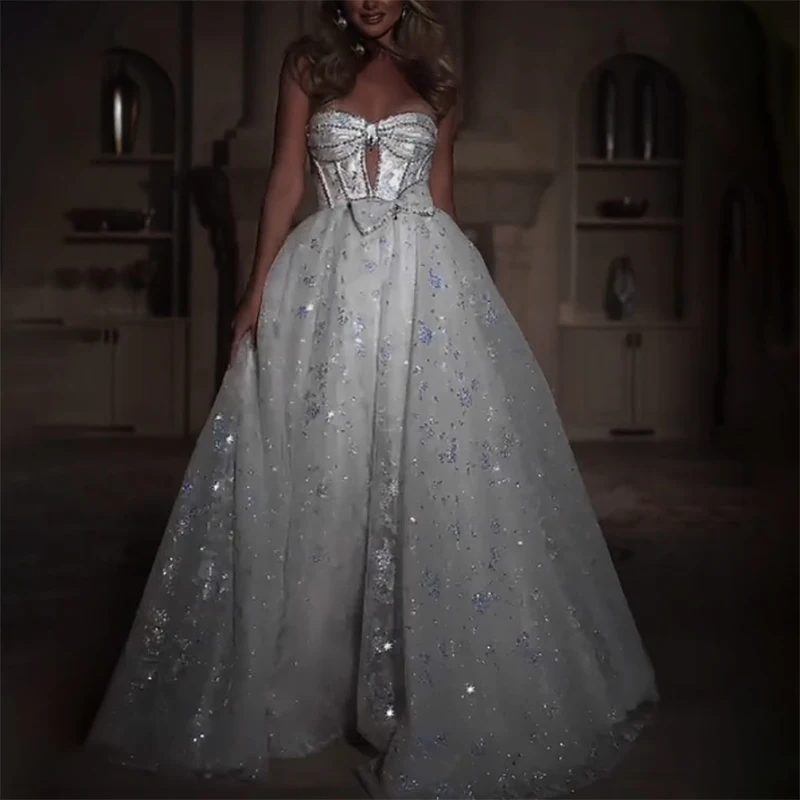 Silvery Strapless Formal Evening Dresses Cut-out Lace Shiny Printing Bow Birthday Party Prom Gowns Customized robes de soirée