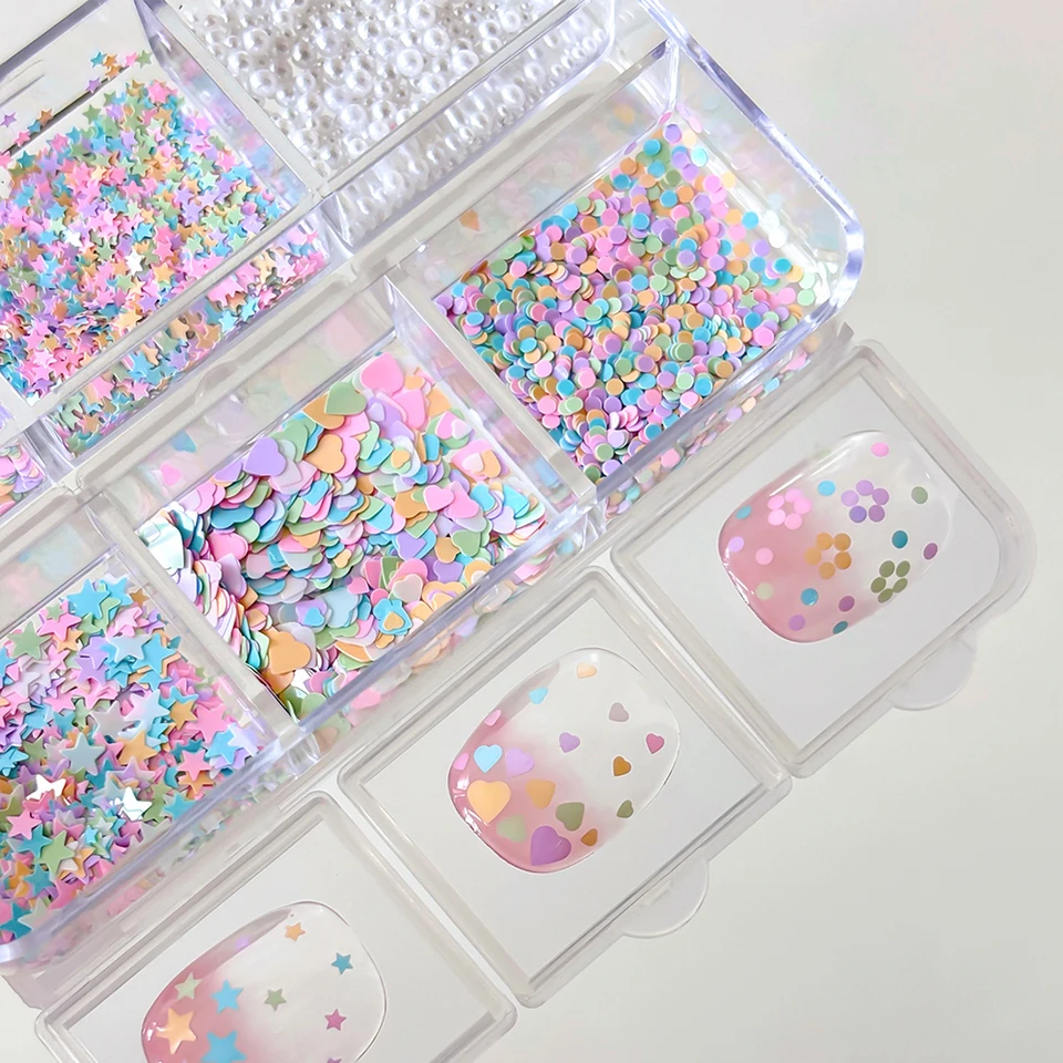 6 compartimentos de pedrería para uñas, perlas blancas redondas mezcladas de 1-3 mm, lentejuelas de estrella/corazón, decoración de manicura 3