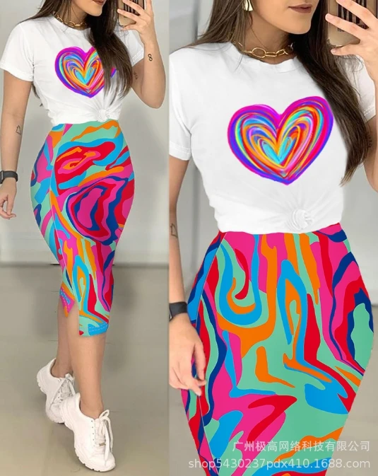 Urban Style for Women 2024 Summer Skirt Set Elegant Sexy Heart Pattern Short Sleeve Love Abstract Print Top + Skirt Set