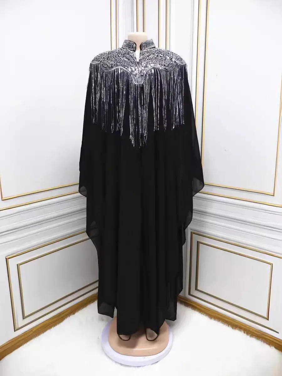 Sequin Abayas for Women Dubai 2024 Fashion Muslim Tassel Black Plus Size Long Maxi Dress Inner Clothes for Muslim Women Gowns