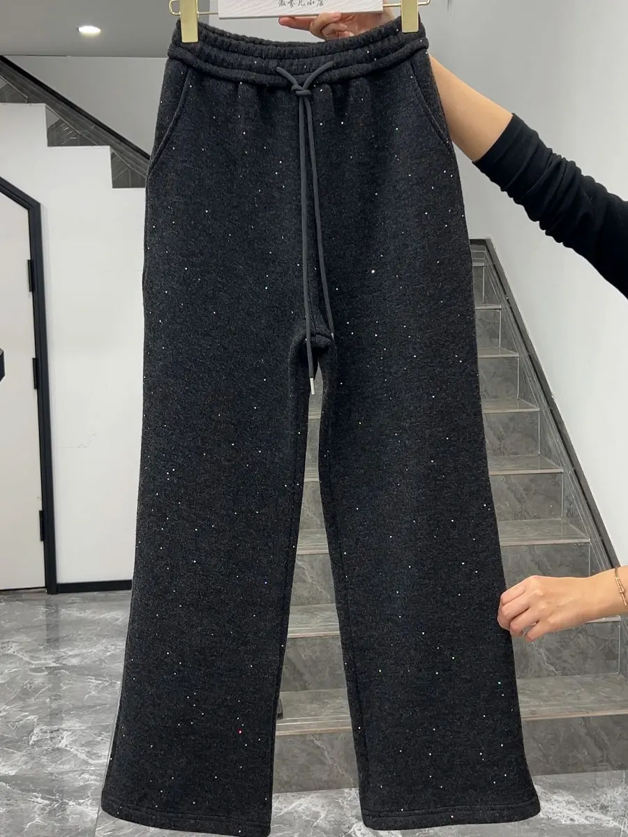 

Зимние женские брюки 2025 года с флисовой подкладкой, прямые, с принтом «Галактика», повседневные, с высокой талией, на резинке, длинные, 02 см