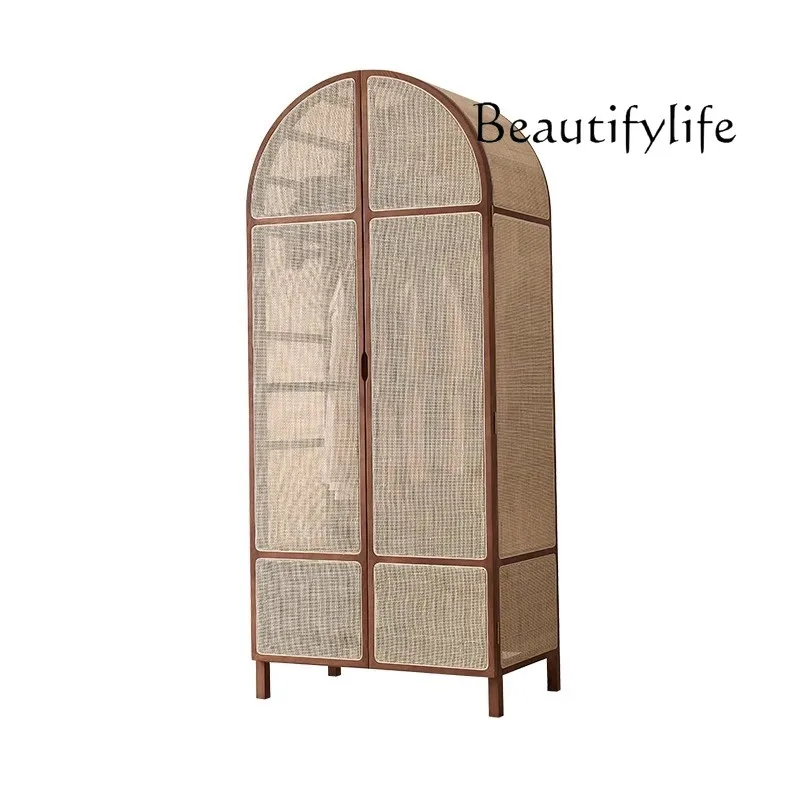 

Nordic solid wood rattan wardrobe small apartment retro arched dome casement door wardrobe