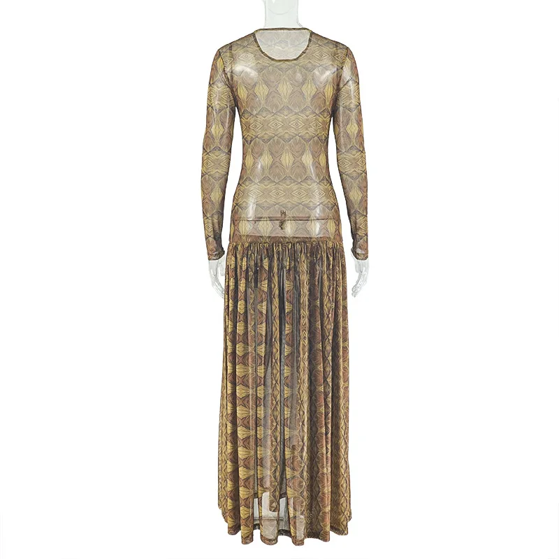 DSMTRC Bohemian Style Women Autumn Holiday Maxi Dress Geometric Printed Ligh Brown Long Sleeve Dresses See-through Sheer Vestido