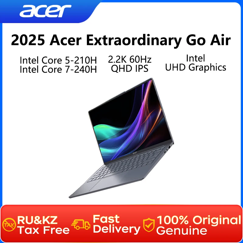 2025 Acer Необыкновенный ноутбук Go Air 14 дюймов 2,2K 60 Гц QHD IPS-экран Ноутбук Intel Core 7-240H 32 ГБ 1 ТБ Intel UHD Graphics