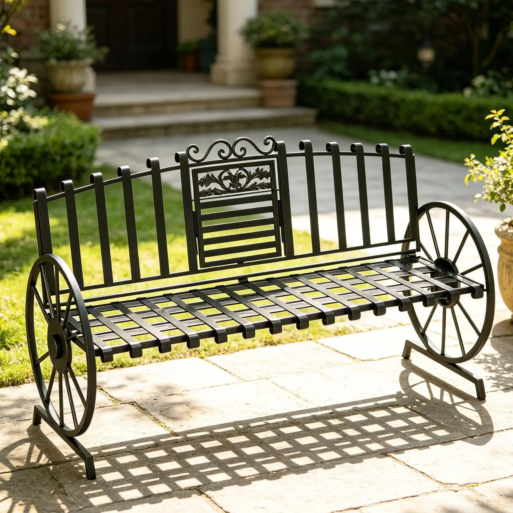 Outdoor  Patio Outdoor Garden  with Built-in Table, Wagon Wheel Arms, 3 People Outdoor Bench Garden