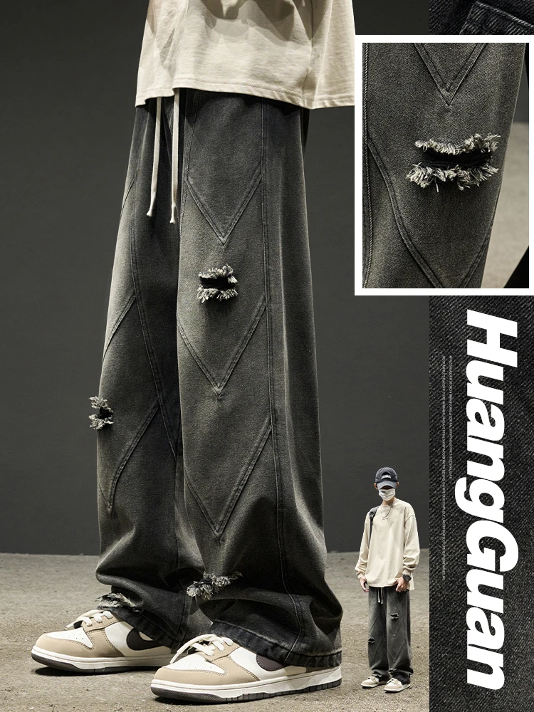 

Мужские джинсы свободного кроя в летнем стиле, винтажные, с эффектом потертости, широкие штанины, прямой крой, рваные, повседневные, молодежные, трендовые, из смесового хлопка и полиэстера