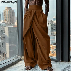 Fashion New Men's Trousers INCERUN 2024 Solid Pleated Cross Design Long Pants Casual City Walk Male High Waisted Pantalons S-5XL