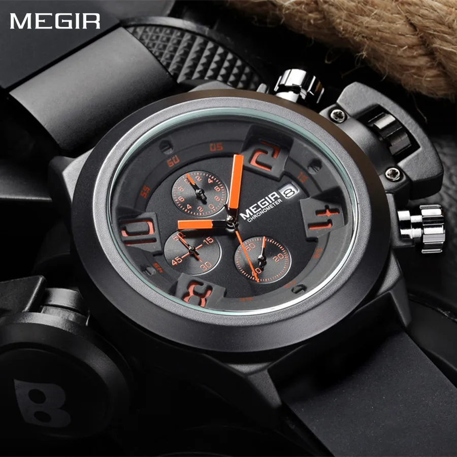 MEGIR 2002 Men's Sports Watch Black Silicone Strap 3 ATM Waterproof Chronograph Calendar Stylish Quartz Watches