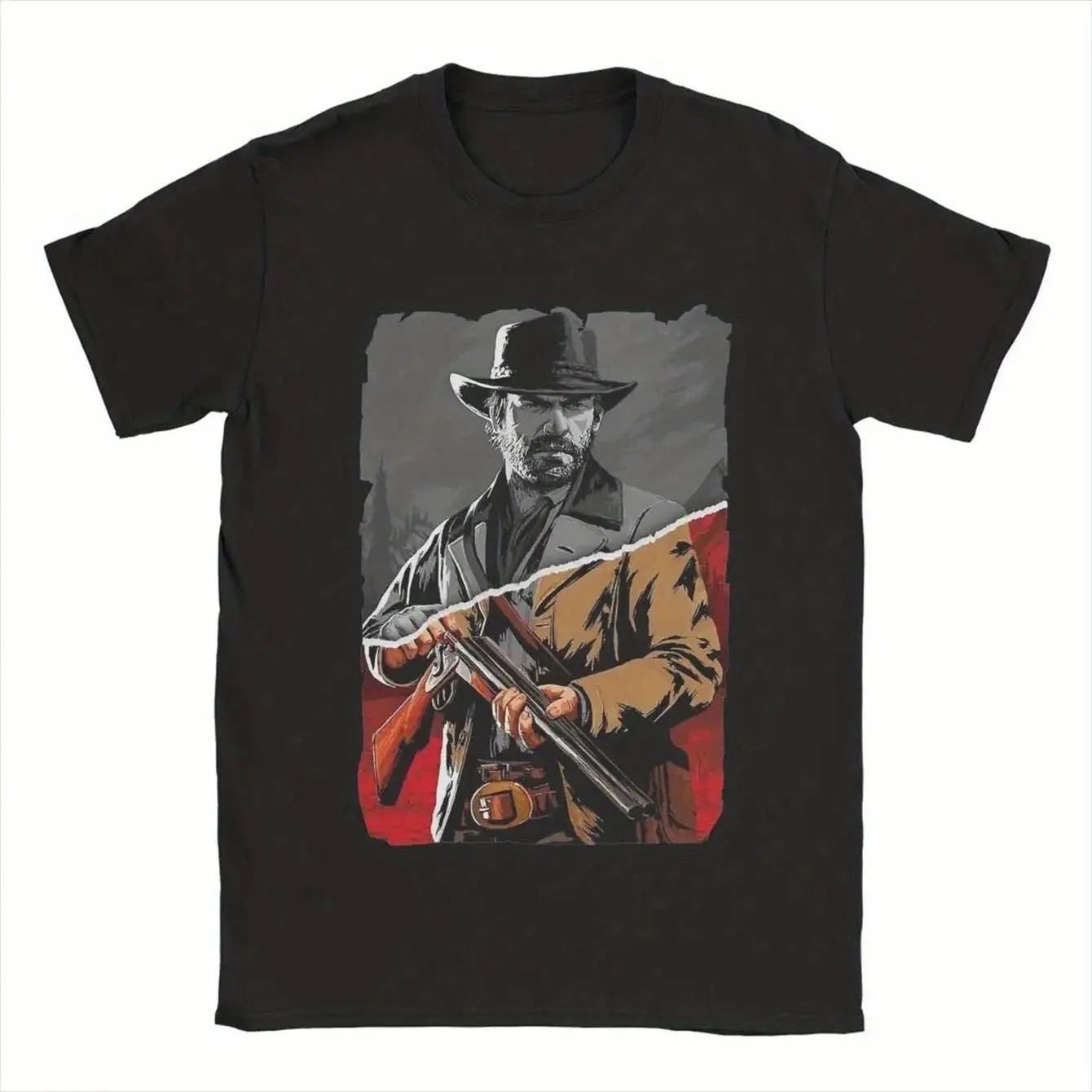 Camiseta de Hombre con Estampado Arthur MORAN, Talla SM, Manga Corta, Cuello Redondo, Diseño Vaquero Occidental Rojo, Camisetas para Hombre para Verano