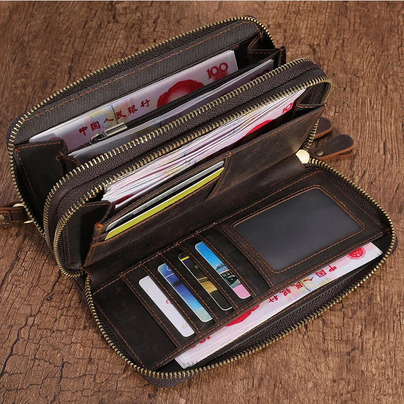 

Men Double Zipper Genuine Leather Wallet Male Business Clutch Purse Long Phone Card Holder Men's Vintage Handy Bag