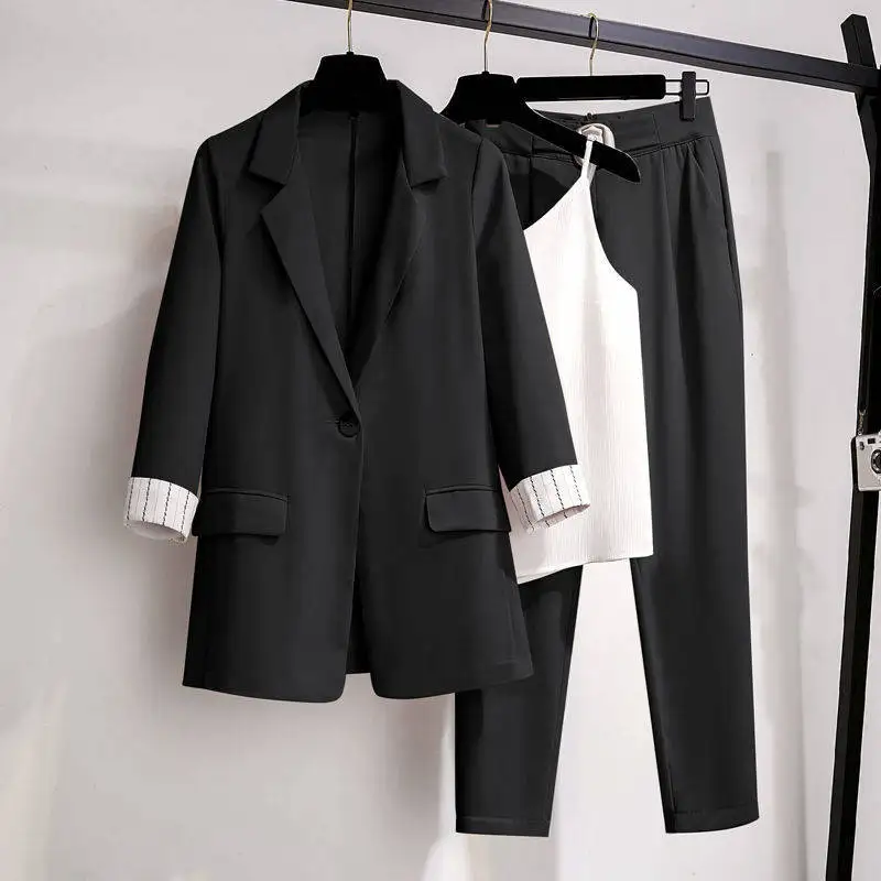 Korean Popular Spring New Thin Jacket Blazer White Vest Blouse Casual Pants Three-piece Elegant Women Pants Suit Office Outfits