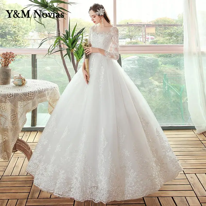 Muslin Vestidos De Novia New Style O-Neck Plus Size Wedding Dress Three Quarter Sleeve Women Lace Appliques Princess Bridal Gown