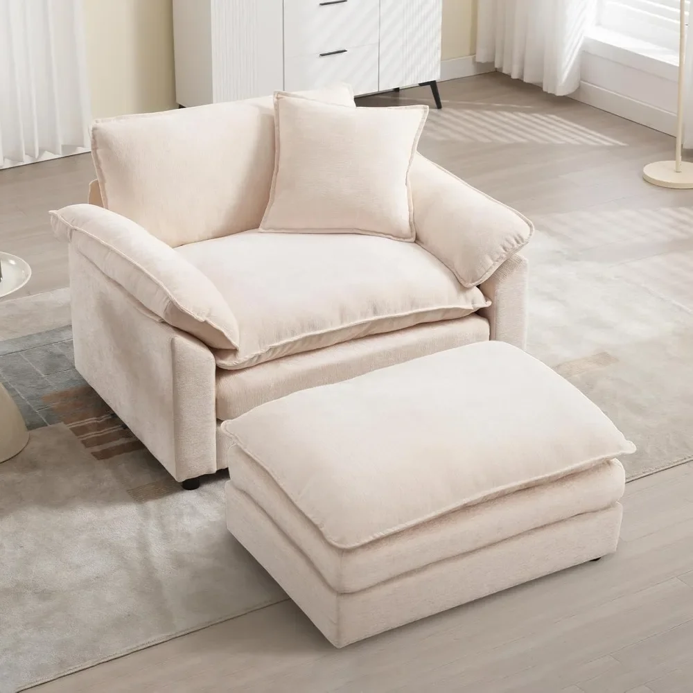 Modern Oversized Chair with Ottoman, Comfy Chenille Accent Chair Large Upholstered Armchair with Extra Thick and Deep Seat