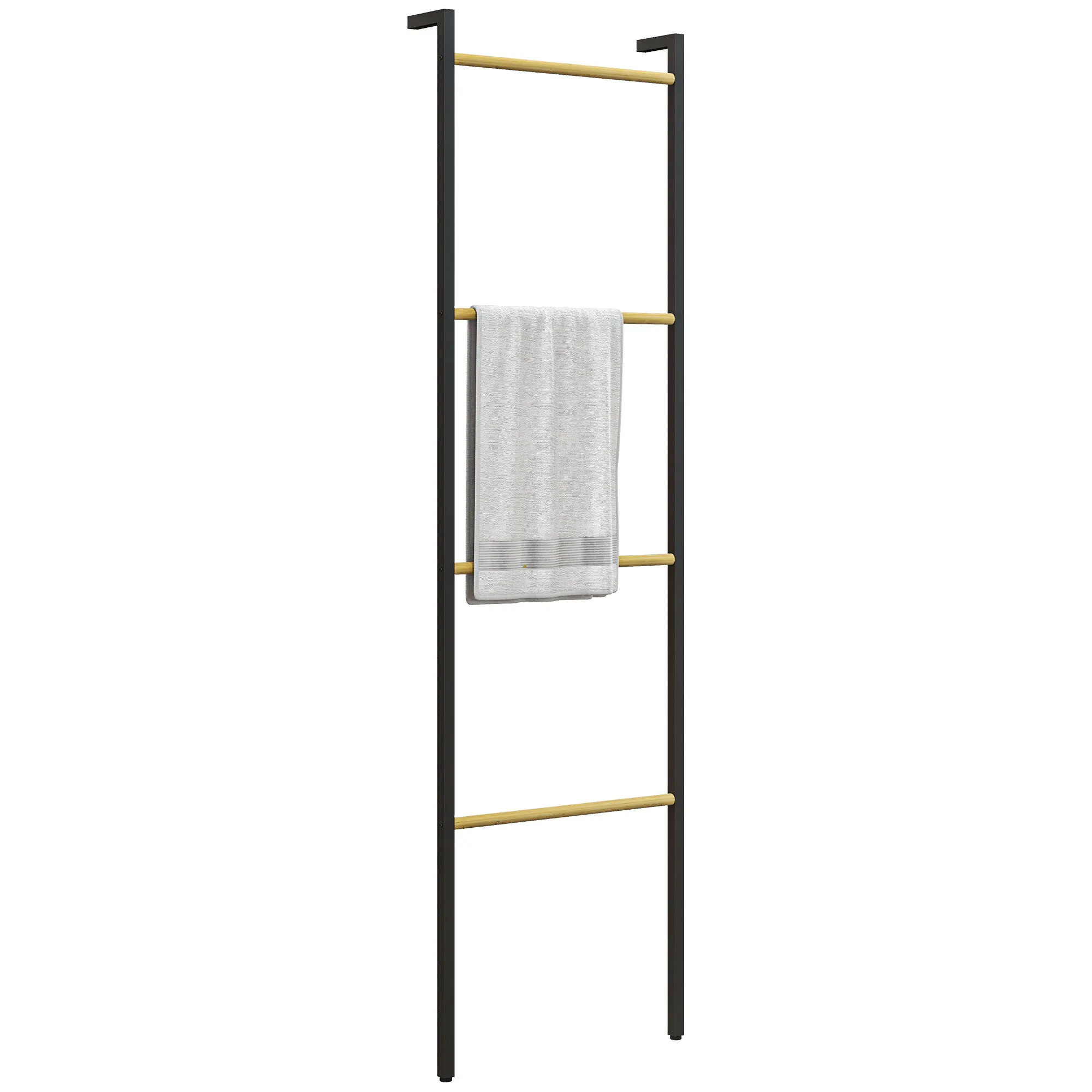 Homcom Porte-serviettes à 4 niveaux Échelle murale Porte-serviettes Porte-serviettes de salle de bain avec 4 barres en bambou et cadre en acier 49 x 5,5 x 167,5 cm Noir et naturel