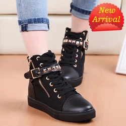 Comemore 2023 New Women Casual Platform Vulcanized Flats Shoes PU Leather Sneakers Woman High Top Black White Boots Zapato Mujer