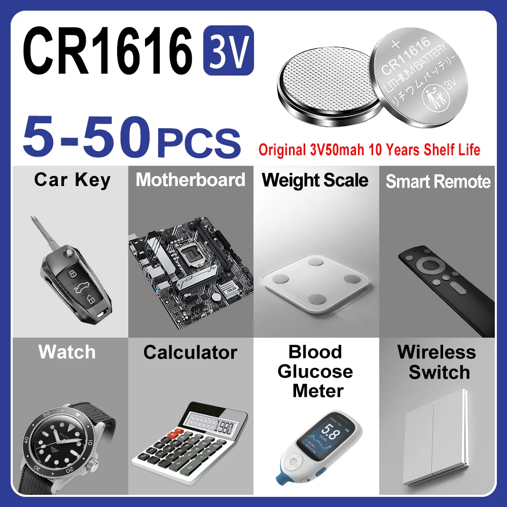 5-50PCS CR1616 3V Coin Cell Battery Replace For BR1616 ECR1616 DL1616 KCR1616 Watch Car Key Calculator Flashlight Button Battery