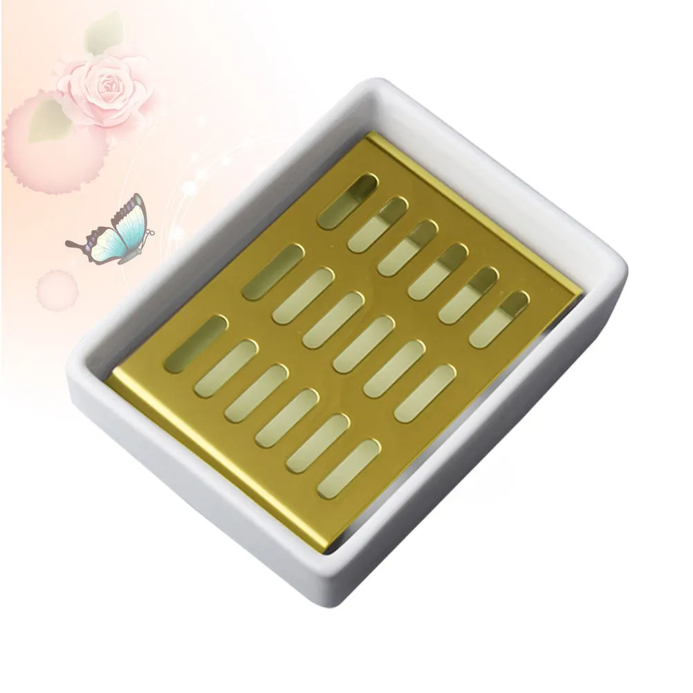 

Керамическая мыльница из нержавеющей стали с двойным дном и поддоном для слива для ванной, кухни, раковины, золотистая керамическая мыльница